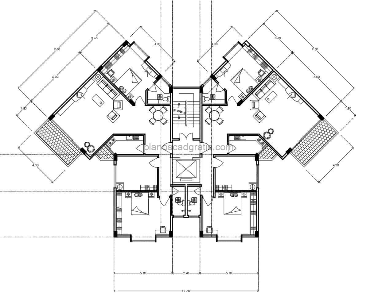 plano de autocad en formato dwg de edificio residencial de multiples niveles con 3 habitaciones y planta dimensonada para descarga gratis