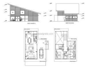 planos arquitectonicos dwg de autocad de cabaña moderna con tres habitaciones y dos niveles, techos inclinados y galeria perimetral, planos con detalles, fachadas, plantas dimensionadas para descarga gratis