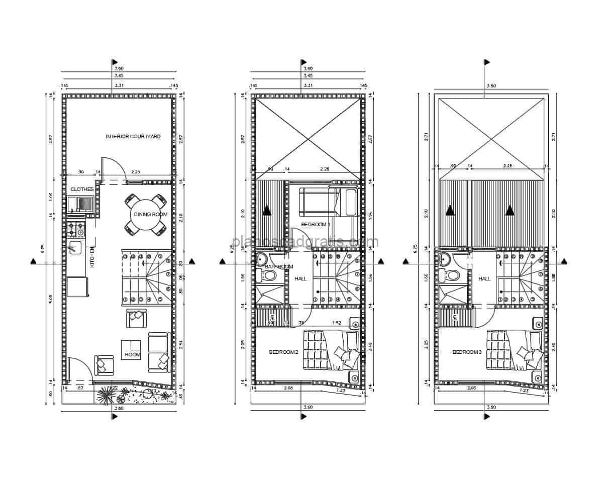 planos dimensionados con bloques de autocad dwg de residencia de tres niveles con tres habitaciones y patio interior, detalles constructivos, plantas de cimientos ,electricas y sanitaria