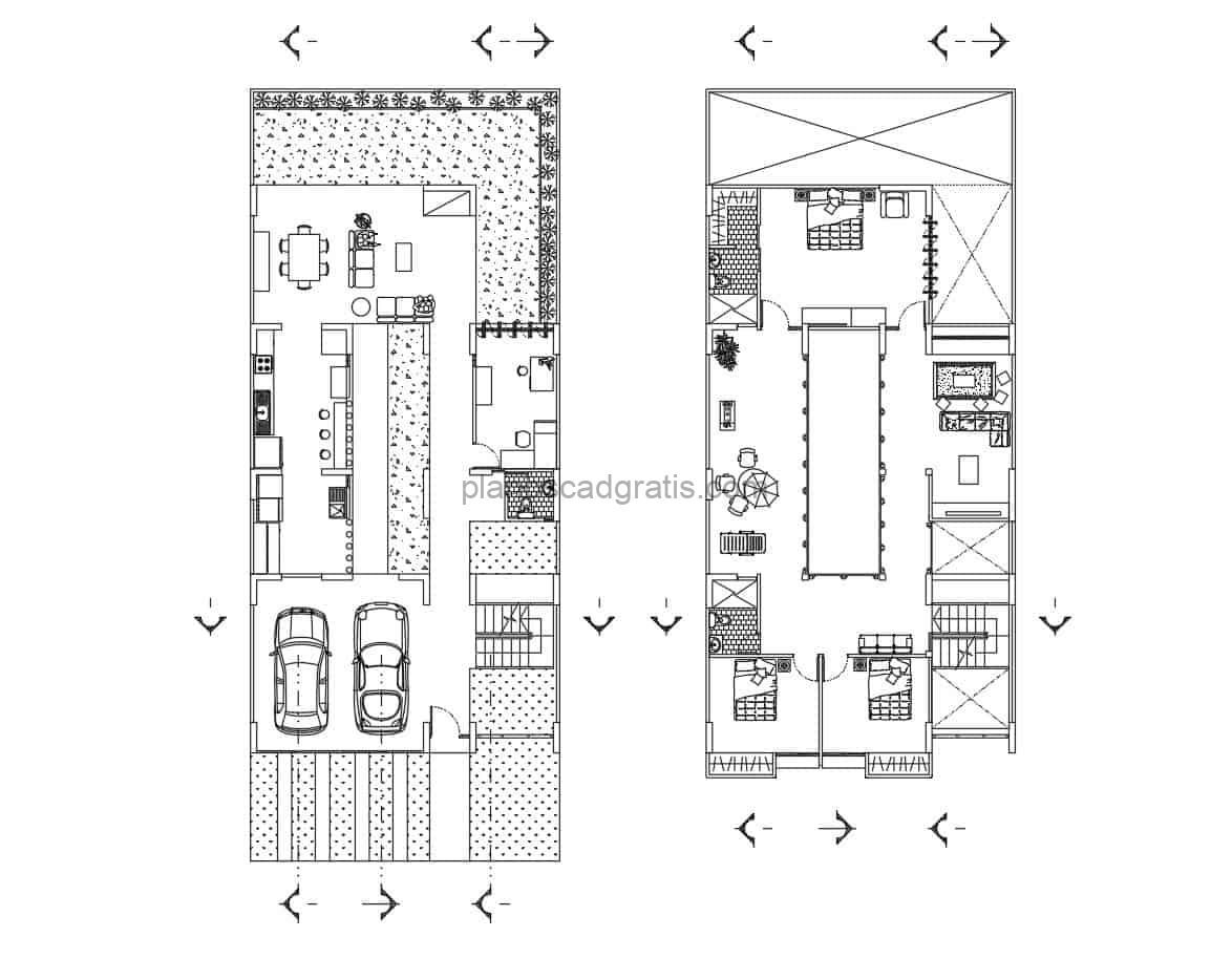 planos de residencia de dos niveles con jardin de interior y areas verdes perimetrales, planos con dimensiones y bloques de mobiliario en formato dwg de autocad, para descarga gratis