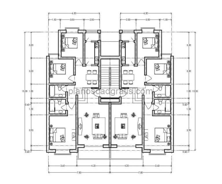 planos en formato dwg de autocad de apartamento residencial de mutiples niveles con tres habitaciones laterales, sala estar, cocina, comedor, y area de lavado para descarga gratis, planta dimensionada y arquitectonicaen CAD 2D
