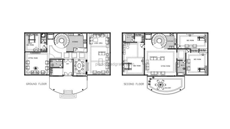 planos arquitectonicos de residencia campestre de dos niveles con cuatro habitaciones y terraza frontal y trasera, con escalera circular, planos en formato dwg de autocad para descarga gratis
