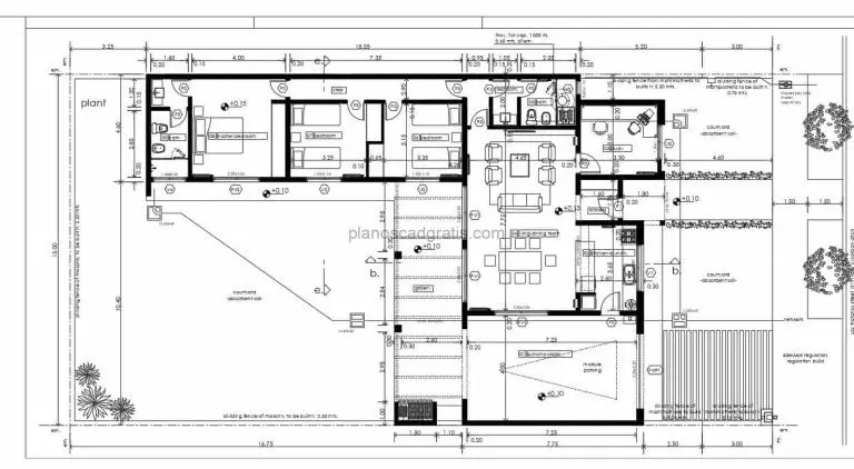 plano arquitectonico de casa en L con tres habitaciones y gran patio frontal, plano con dimensiones y bloques de interior de autocad, dibujo en formato dwg 2d para descarga gratis