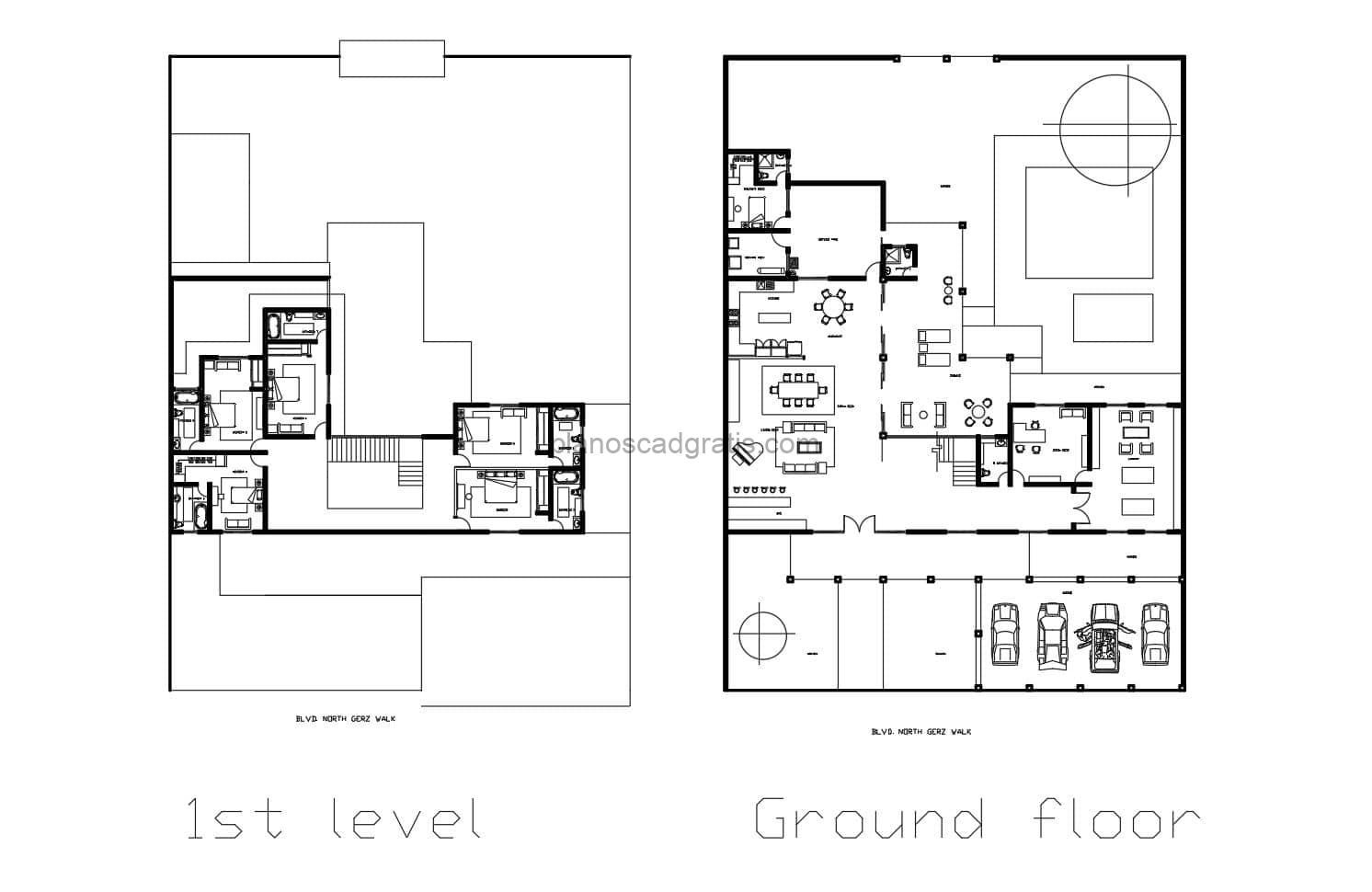 dibujo 2d de planos completos de residencia de dos plantas con cinco habitaciones en total y area de piscina, planos arquitectonicos con dimensiones para descarga gratis en formato dwg de autocad