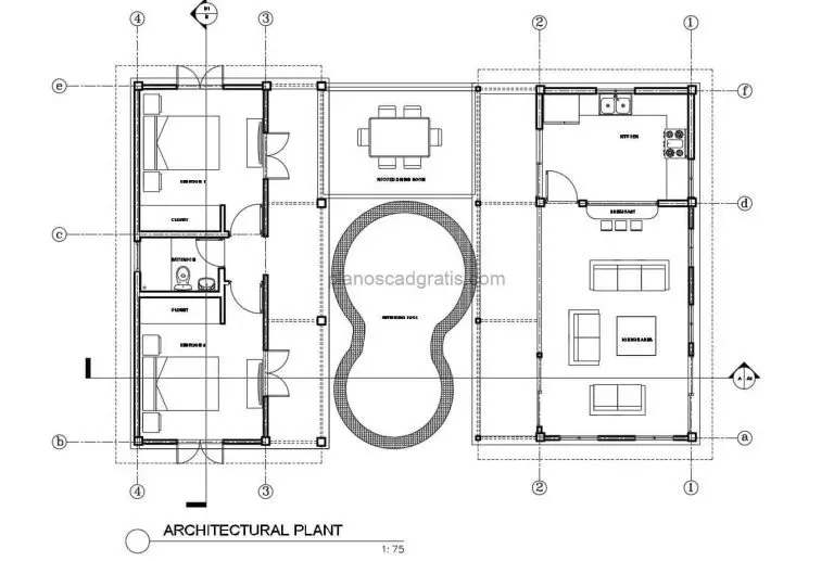 plano arquitectonico con dimensiones de villa campestre de bajo costo en formato pdf y dwg, plano con alzados, secciones y detalles para descargar