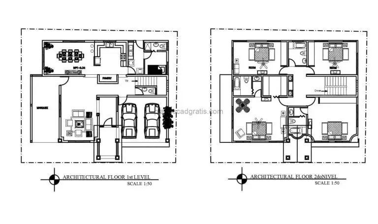 Casa De Dos Niveles 4 Habitaciones Proyecto Completo Planos de AutoCAD 705211