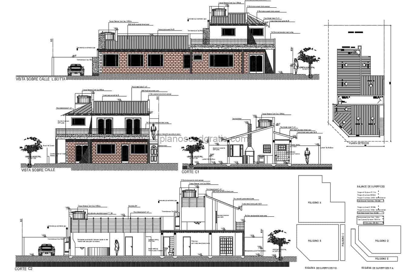 planos arquitectonicos con dimensiones de residencia de 1.5 niveles con techos inclinados y abastacimiento de agua en techo, planos con detalles en format 2d dwg de autocad para descarga gratis