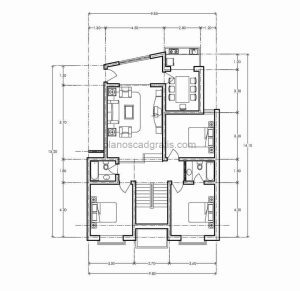 Diseño 2d de plano residencial de apartamento de dos habitaciones con dos baños, plano con dimensiones y bloques en mobiliario en formato dwg para descarga gratis