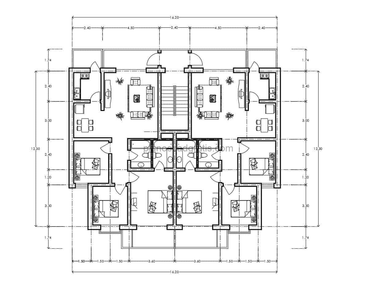 planos con medidas de apartamento residencial de varios niveles con bloques dwg interior, plano de autocad formato dwg para descarga gratis