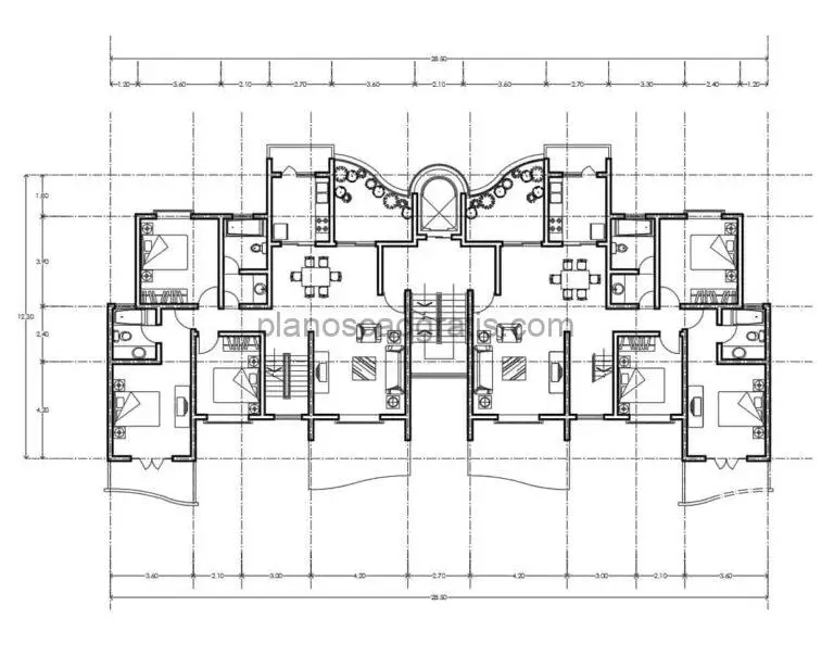 planos de autocad formato dwg con dimensiones de apartamento de tres habitaciones con terraza posterior para descarga gratis, planos con bloques de mobiliario de autocad
