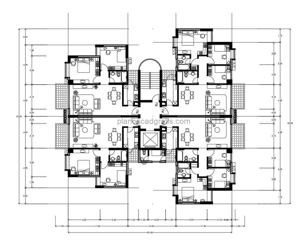 plano con dimensiones y bloques de autocad en mobiliario de apartamento en bloque de 4 con apartamentos independientes de 2 y 3 habitaciones planos para descarga gratis en formato dwg de autocad