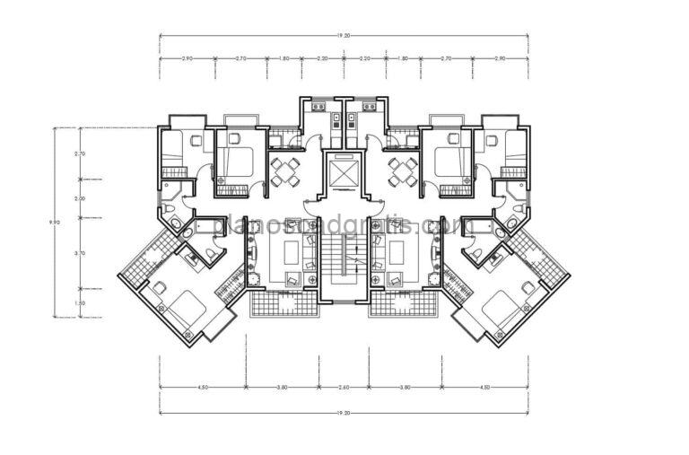 planos con medidas de apartamento residencial de varios niveles con bloques dwg interior, plano de autocad formato dwg para descarga gratis
