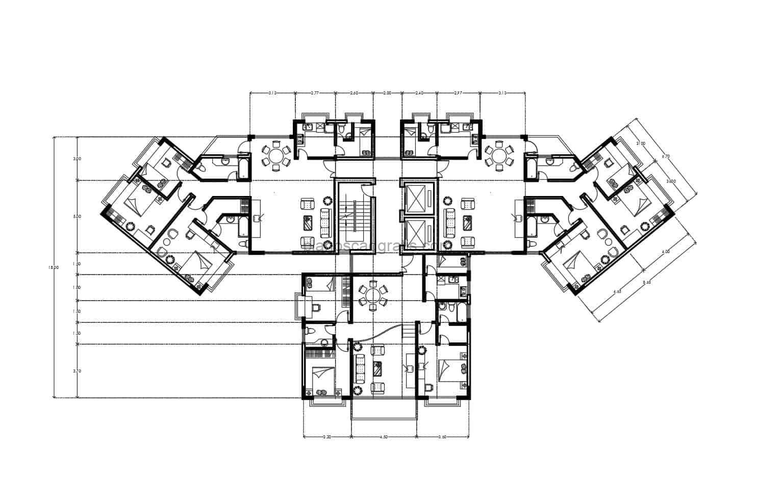 planos de apartamento residencial en bloques de dos habitaciones, planos de autocad formato dwg con medidas y mobiliario de interior en bloques cad para descaga gratis