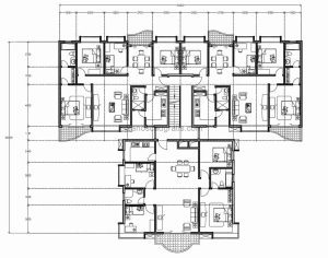 planos de autocad en formato dwg de apartamento residencial bloque de 3 apartamentos con 3 y habitaciones, planos dimensionados y arquitectonicos con bloques de autocad en mobiliario para desccarga gratis