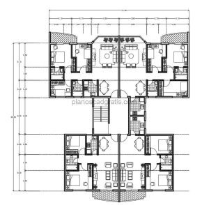 plano con dimensiones y bloques de autocad en mobiliario de apartamento en bloque de 4 con apartamentos independientes de 2 y 3 habitaciones planos para descarga gratis en formato dwg de autocad