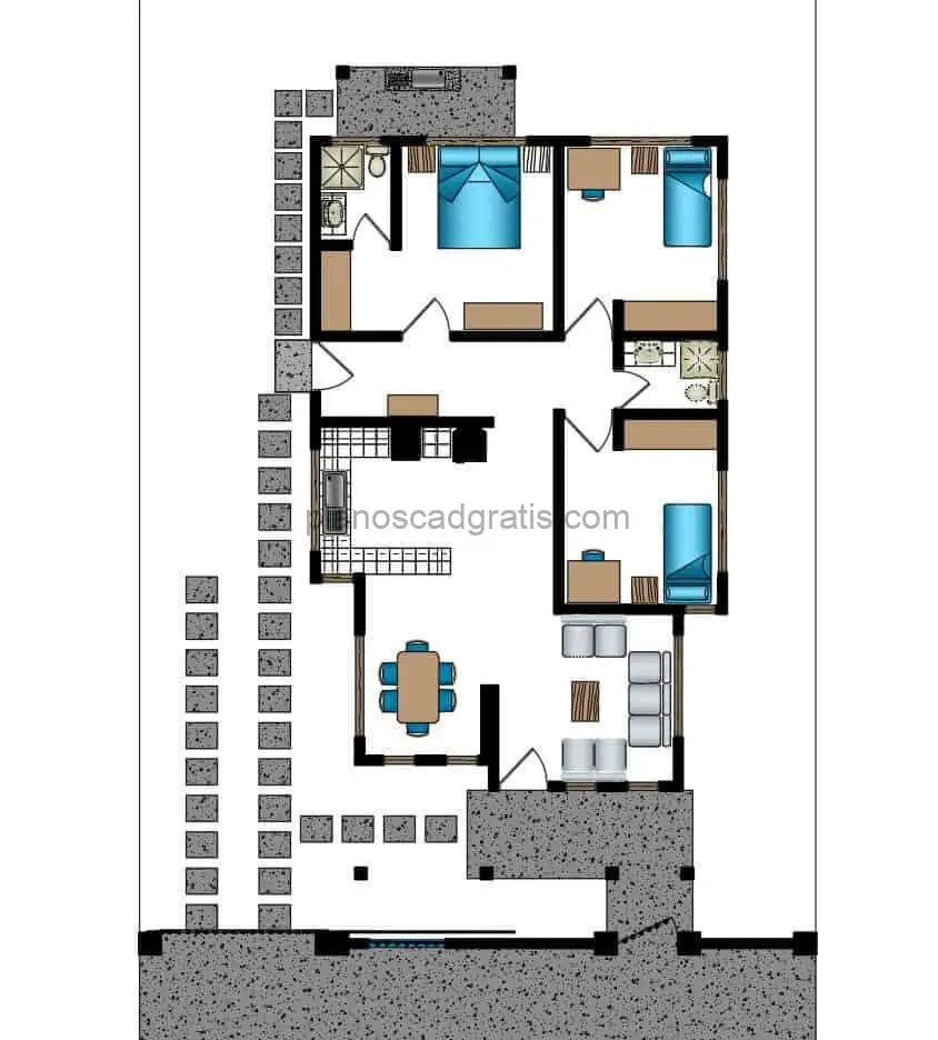 planos de autocad formato dwg para descarga gratis de casa de un solo nivel con tres habitaciones diseño para ser construida en hormigón, planos arquitectonicos con dimensiones y bloques 2d en mobiliario interior para descarga gratis