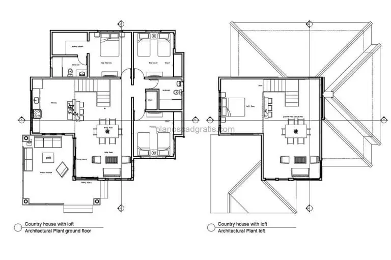 plano de villa campestre con cuatro habitaciones incluyeendo habitacion tipo loft, plano en formato pdg y dwg