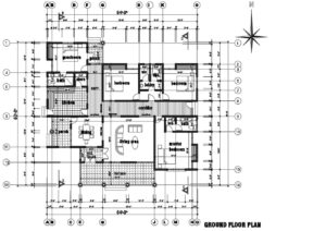 planos de residencia campestre de un nivel con cuatro habitaciones, plano en formato dwg con bloques de autocad en interior para descarga gratis