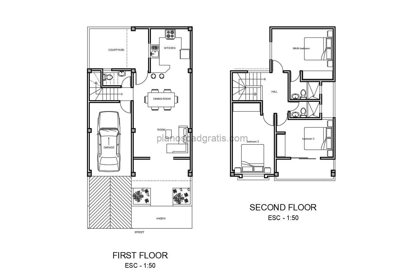 plano arquitectonico con medidas de casa de dos niveles con tres habitaciones, planta con detalles constructivos y bloques en formato dwg de autocad para descarga gratis