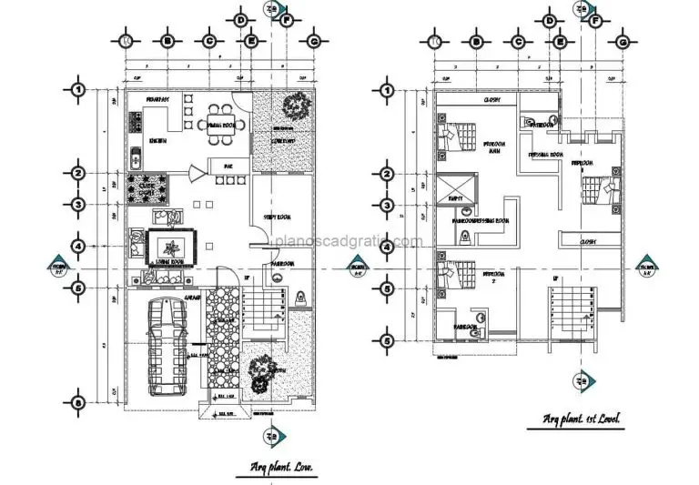 Casa De Dos Niveles Con 3 Habitaciones Superiores Planos de AutoCAD 1205212