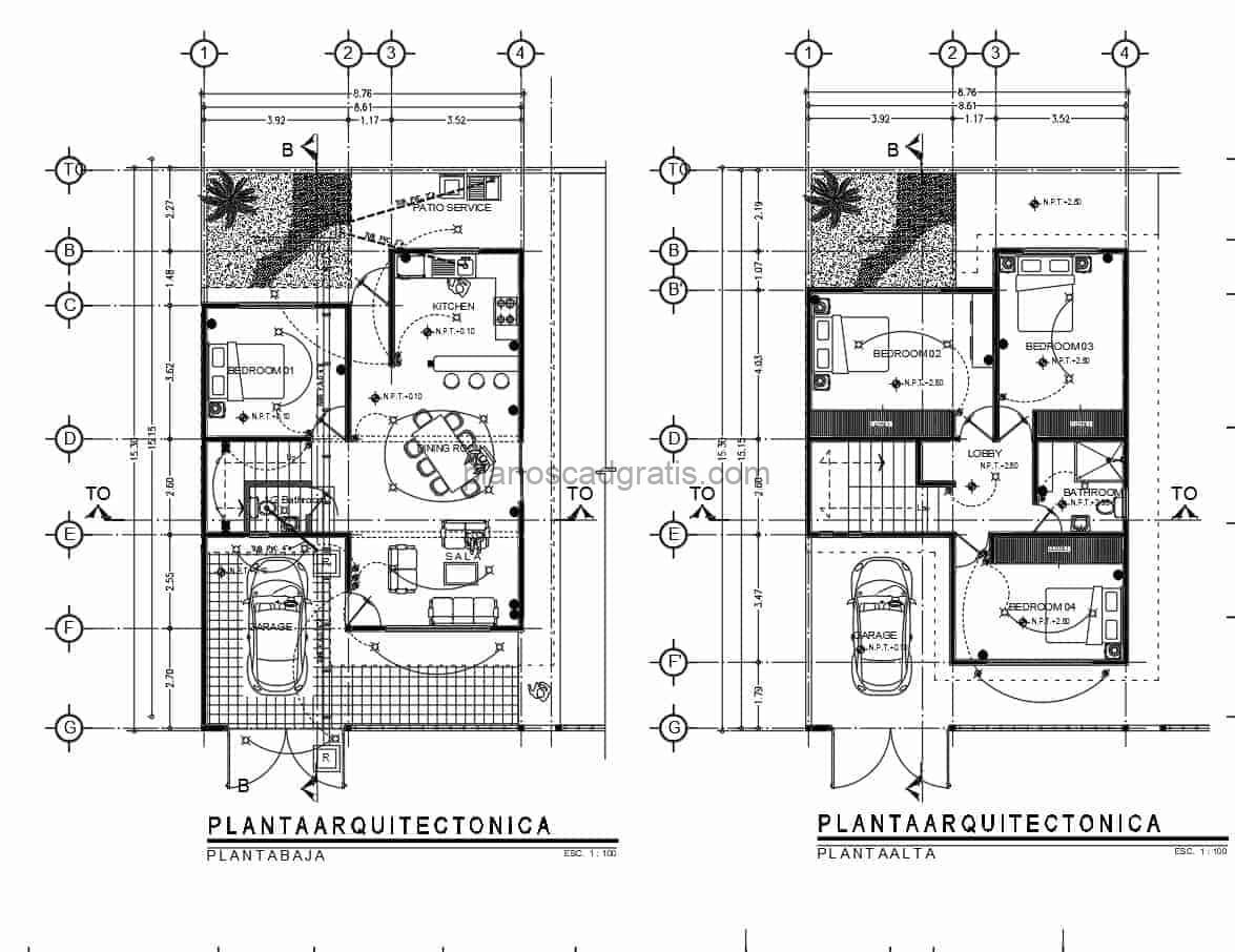 plano arquitectonico con medidas de casa de dos niveles con habitación de visita en primer nivel y cuatro habitaciones en total, plano con bloques de autocad de interior y detalles constructivos para descarga gratis formato DWG