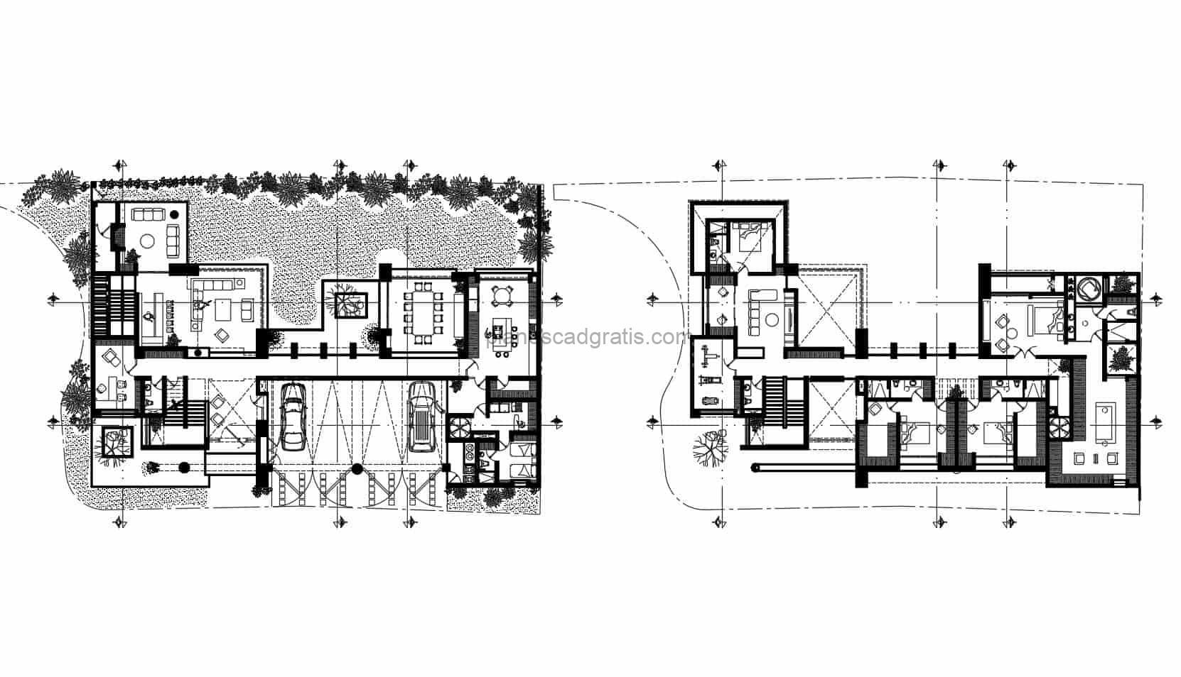 planos de autocad completos formato dwg 2D de residencia con estilo moderno y seis habitaciones, con gran patio, planos arquitectonicos con dimensiones, fachadas, y bloques de autocad en interior para descarga gratis