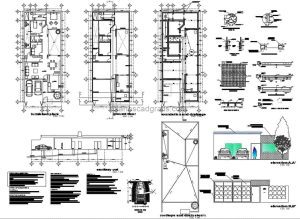 planos 2d dwg de autocad de casa simple de dos habitaciones con fachadas y detalles arquitectonicos para descarga gratis, planos con dimensiones y bloques de autocad