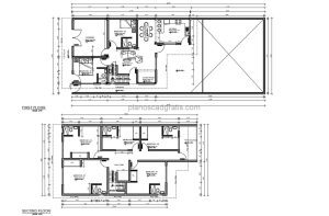 plano arquitectonico de casa de seis habitaciones con baños independientes en formato dwg de autocad plano con medidas y bloques de autocad con planta de cimentacion para descarga gratis en formato dwg