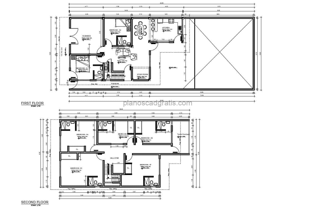 plano arquitectonico de casa de seis habitaciones con baños independientes en formato dwg de autocad plano con medidas y bloques de autocad con planta de cimentacion para descarga gratis en formato dwg