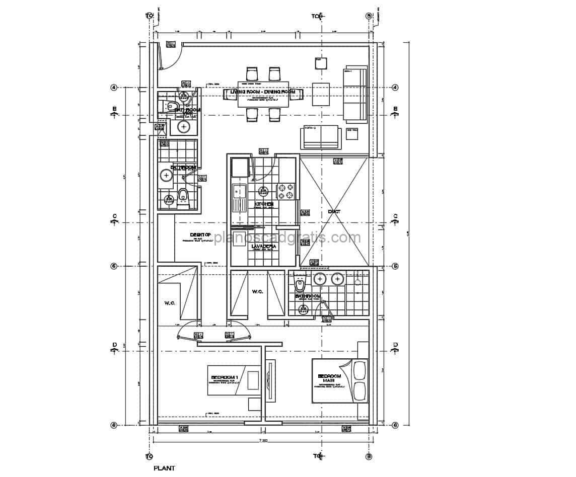 planos arquitectonicos con dimensiones de casa sencilla de dos habitaciones con dos baños en formato dwg de Autocad para descarga gratis, planos con detalles de cimientos, electricos, sanitarios, fachadas, secciones