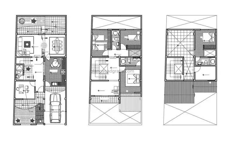 Casa De Tres Pisos Con Cuatro Habitaciones Planos de AutoCAD 1705212