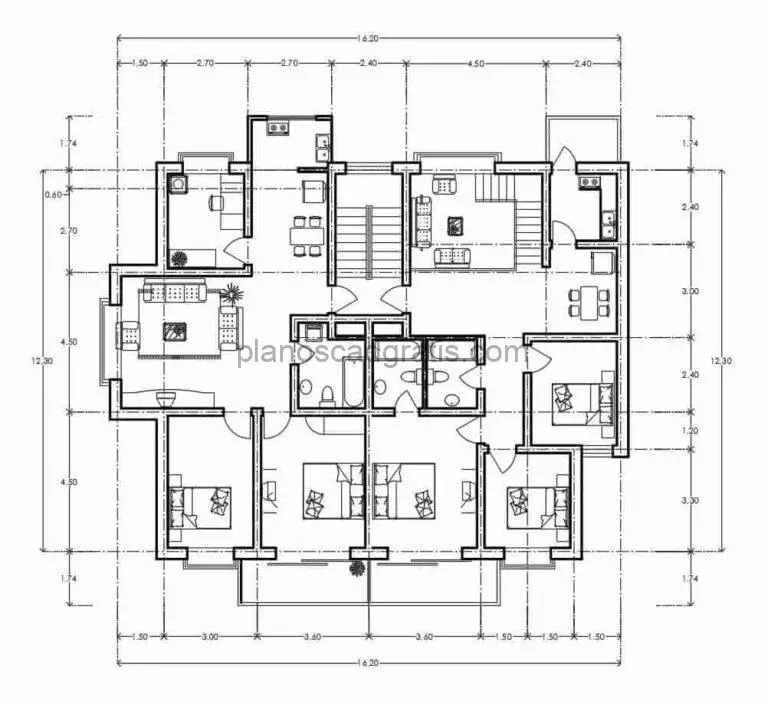 apartamento residencial en plano dwg de autocad con dos bloques de dos y tres habitaciones, planos con dimensiones y planta arquitectonica con bloques de Autocad para descarga gratis