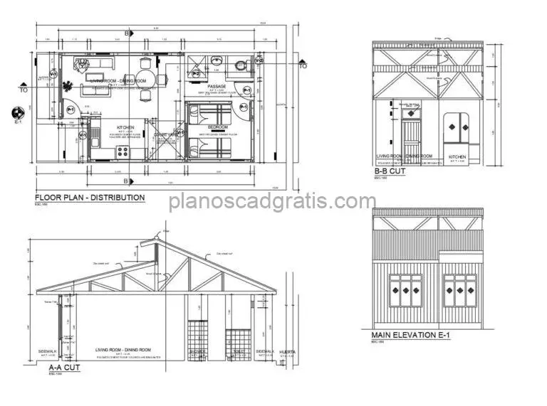 planos de pequeña cabaña campestre con techo a dos aguas, planta arquitectonica y dimensionada con alzado, plano para descarga gratis en formato dwg de autocad