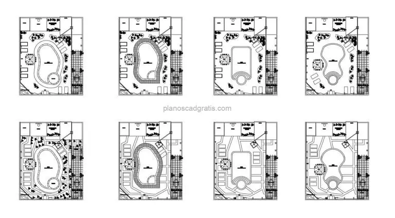 planos de piscinas en bloques de autocad formato dwg, diferentes formas, ovaladas, rectangulares, circulares, plano para descarga gratis