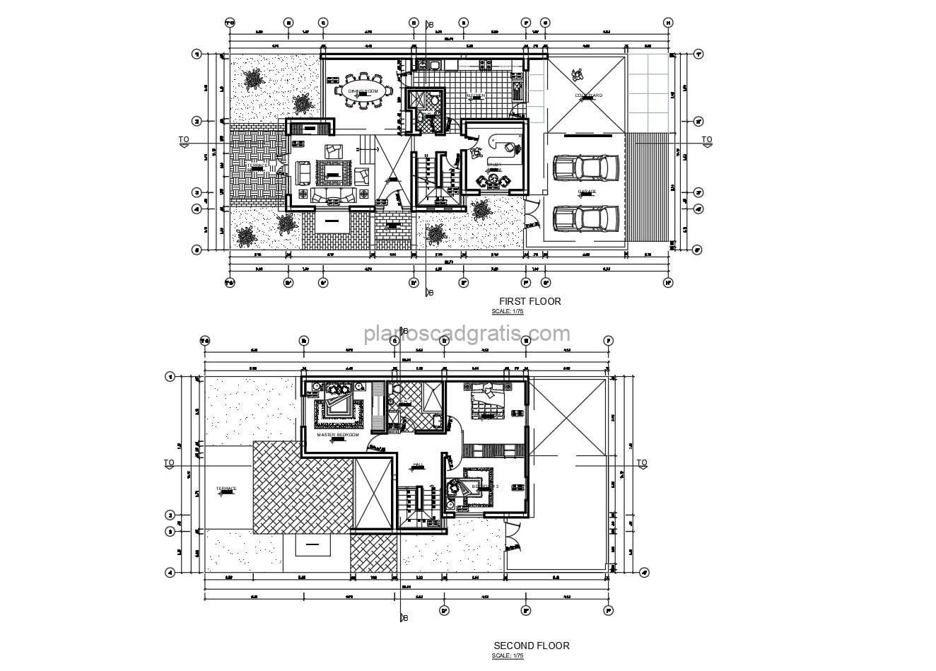 planos con medidas y planos de residencia de dos niveles con tres habitaciones, marquesina doble y sala posterior, planos con detalles y bloques de autocad para descarga gratis
