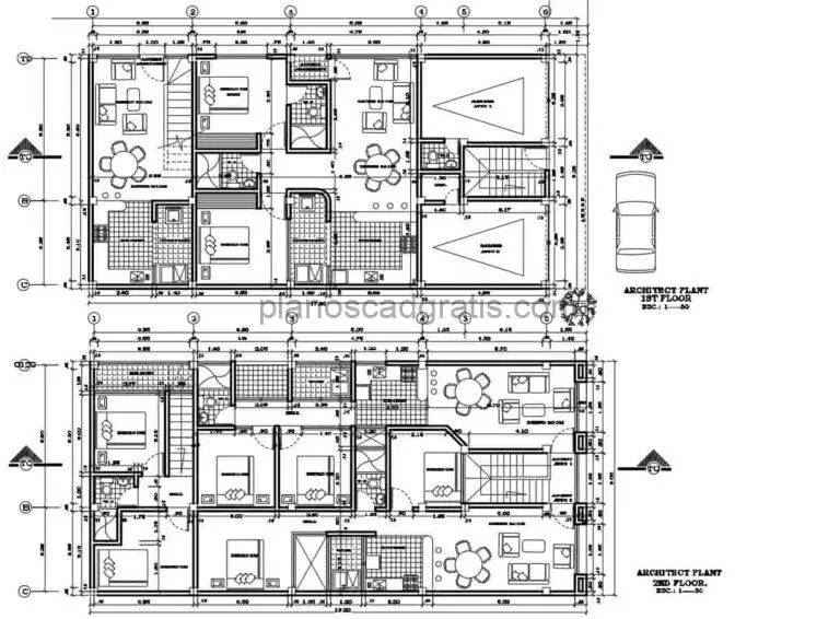 proyecto para residencia multifamiliar duplex de dos niveles planos arquitectonicos con dimensiones, secciones, alzados, plantas de cimiento, sanitario y electricos, para descarga gratis en formato dwg de autocad