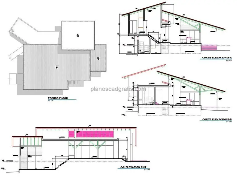 planos en formato dwg de autocad de residencia de dos niveles con tres habitaciones y techos inclinados, plano arquitectonico con dimensiones y alzados para descarga gratis