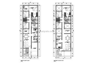 planos arquitectonicos de casa individuales en dos niveles con tres habitaciones, planos con medidas y detalles constructivos en formato dwg de autocad para descarga gratis