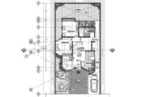 planos de casa de un piso en formato dwg de autocad, con dos habitaciones, planos arquitectonicos con dimensiones y alzados para descarga gratis