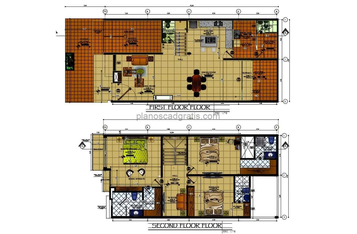 plano arquitectonico de residencia de dos niveles con 3 habitaciones y baños independientes, planos con medidas y alzados, para descarga gratis en formato dwg de autocad