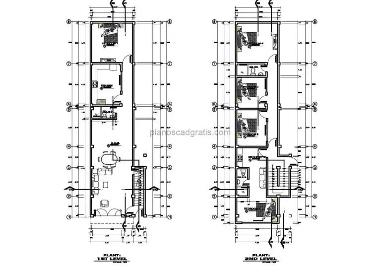 Casa Estrecha De Dos Pisos 4 Habitaciones Planos de AutoCAD 206212