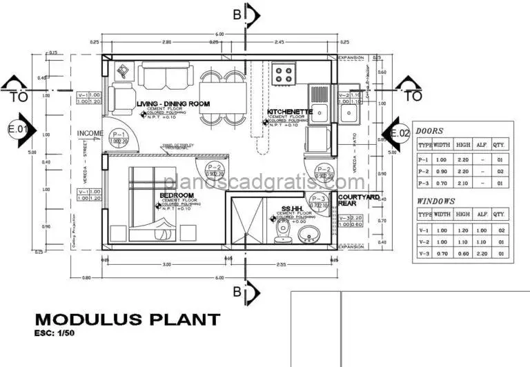 plano de casa pequeña de una sola habitacion con dimensiones y alzados, planos con detalles constructivos en detalle dwg de autocad para descargar gratis