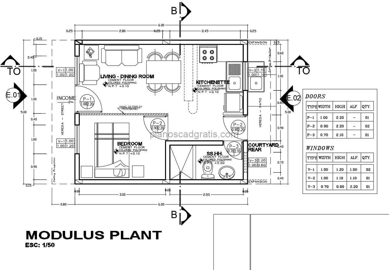 plano de casa pequeña de una sola habitacion con dimensiones y alzados, planos con detalles constructivos en detalle dwg de autocad para descargar gratis