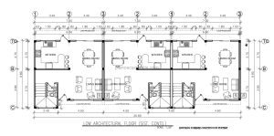 plano en formato dwg de autocad de casa continua de dos niveles con medidas, alzados, planos de cimientos y fachadas para descarga gratis