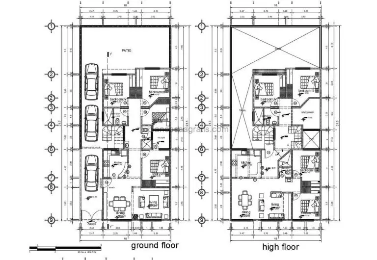 planos de autocad en formato dwg de casas individuales en dos pisos con cuatro habitaciones planos para descarga gratis