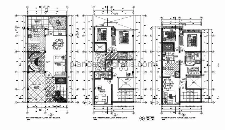 planos arquitectonicos con dimensiones en formato dwg de autocad de residencias individuales de tres niveles con dos habitaciones cada una, plano con fachadas, alzados, secciones para descarga gratis