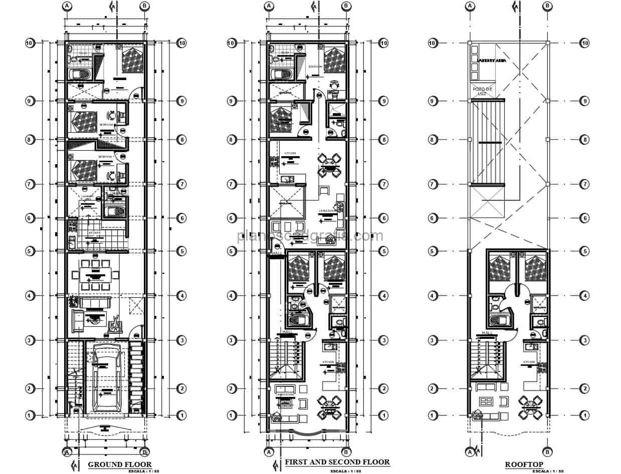 planos arquitectonicos con dimensiones de proyecto de viviendas de cuatro pisos con dos y tres habitaciones, planos con alzados, detalles de cimientos y plantas electricas y sanitarias para descarga gratis en formato dwg de autocad