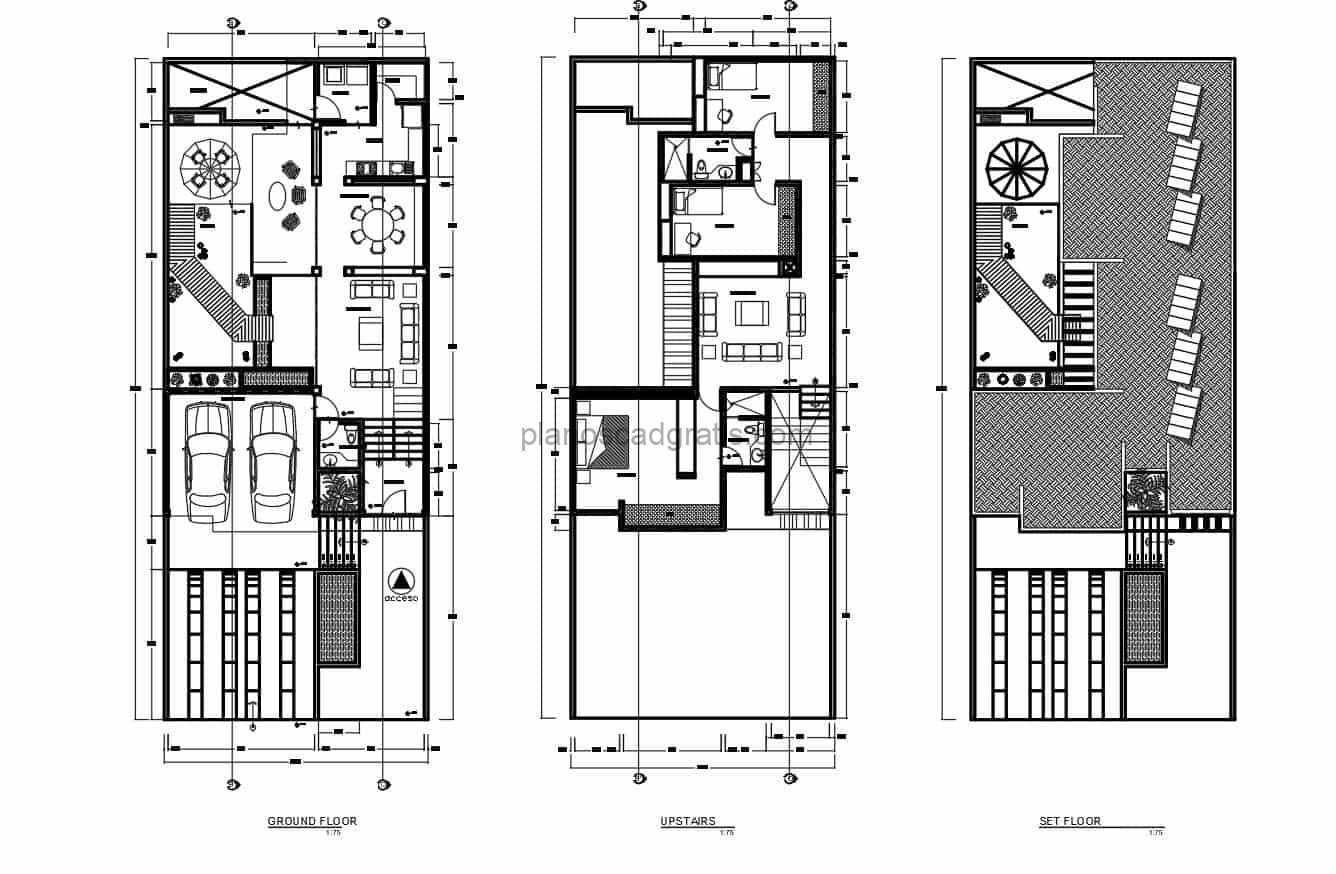 plano de residencia de dos niveles con area de techo, planos arquitectonicos con dimensiones en formato dwg de autocad para descarga gratis, alzados, secciones, cimientos, electricos, sanitarios