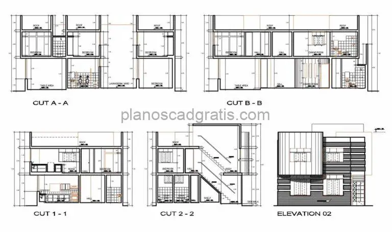 planos en formato dwg de autocad de residencia de dos niveles con tres habitaciones y techos inclinados, plano arquitectonico con dimensiones y alzados para descarga gratis