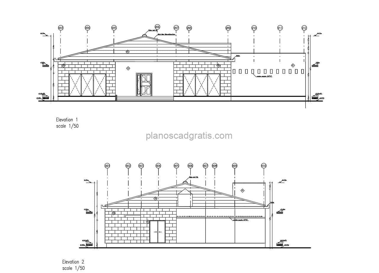 planos de autocad en formato dwg de villa campestre de tres habitaciones con techo a dos aguas, planos arquitectonicos con medidas, alzados,secciones, planos de cimentación